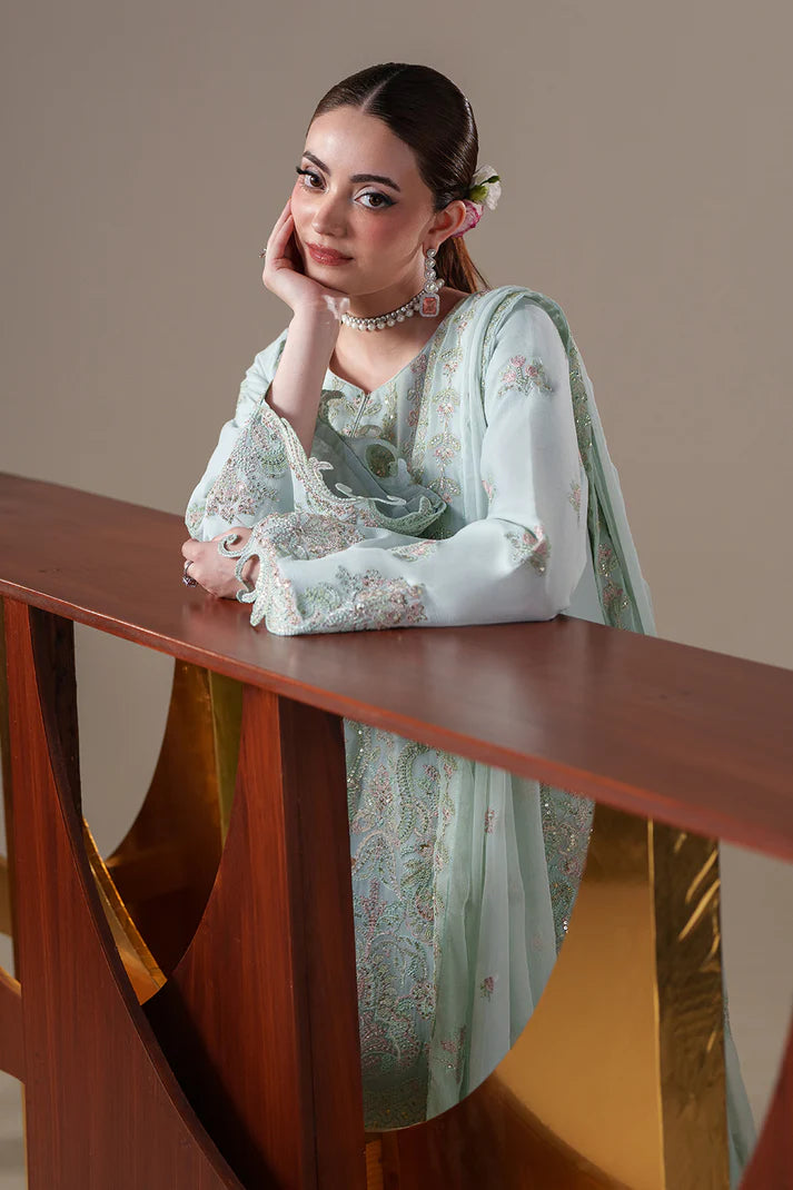 Luxury Chiffon Embroidered 3 Piece Unstitched Dress with Organza Dupatta Border & Raw Silk Trouser