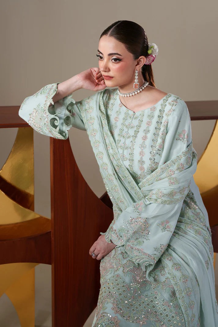 Luxury Chiffon Embroidered 3 Piece Unstitched Dress with Organza Dupatta Border & Raw Silk Trouser