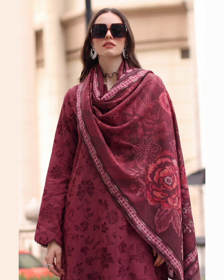 ELARA Premium Embroidered Karandi 3 Piece Suit with Pashmina Shawl