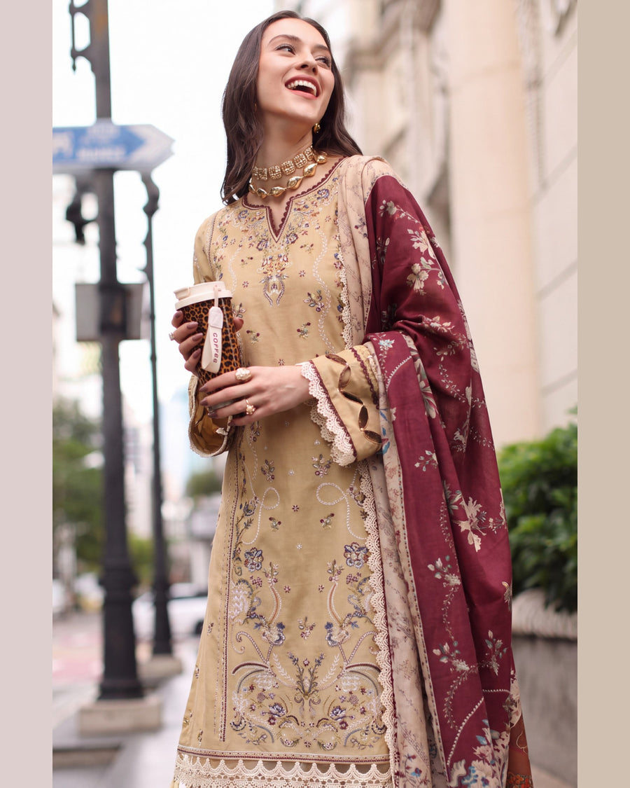 ELARA Premium Embroidered Karandi 3 Piece Suit with Pashmina Shawl