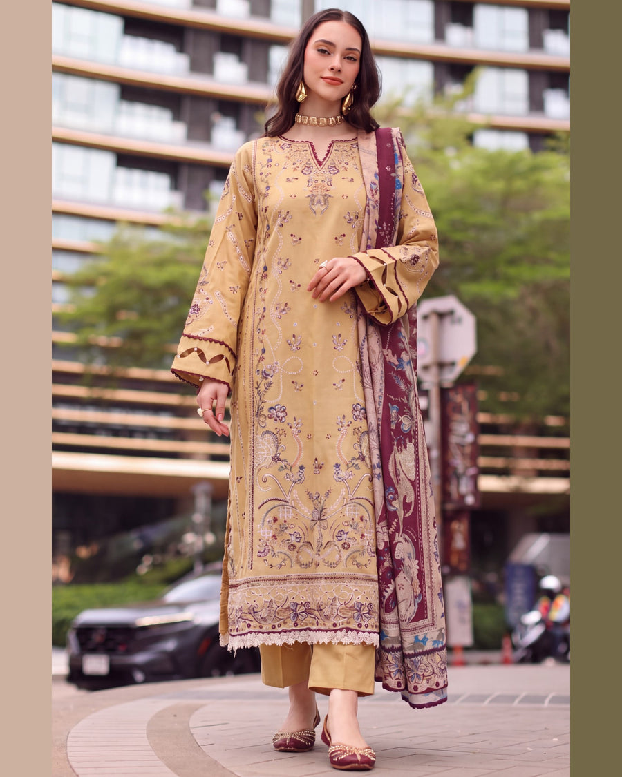 ELARA Premium Embroidered Karandi 3 Piece Suit with Pashmina Shawl