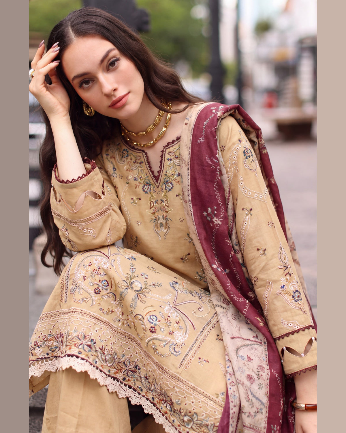ELARA Premium Embroidered Karandi 3 Piece Suit with Pashmina Shawl