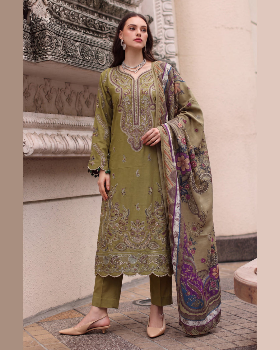 ELARA Premium Embroidered Karandi 3 Piece Suit with Pashmina Shawl