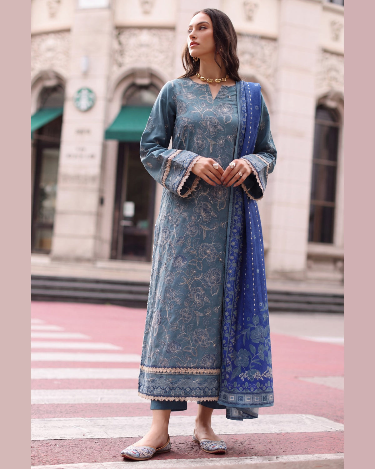 ELARA Premium Embroidered Karandi 3 Piece Suit with Pashmina Shawl