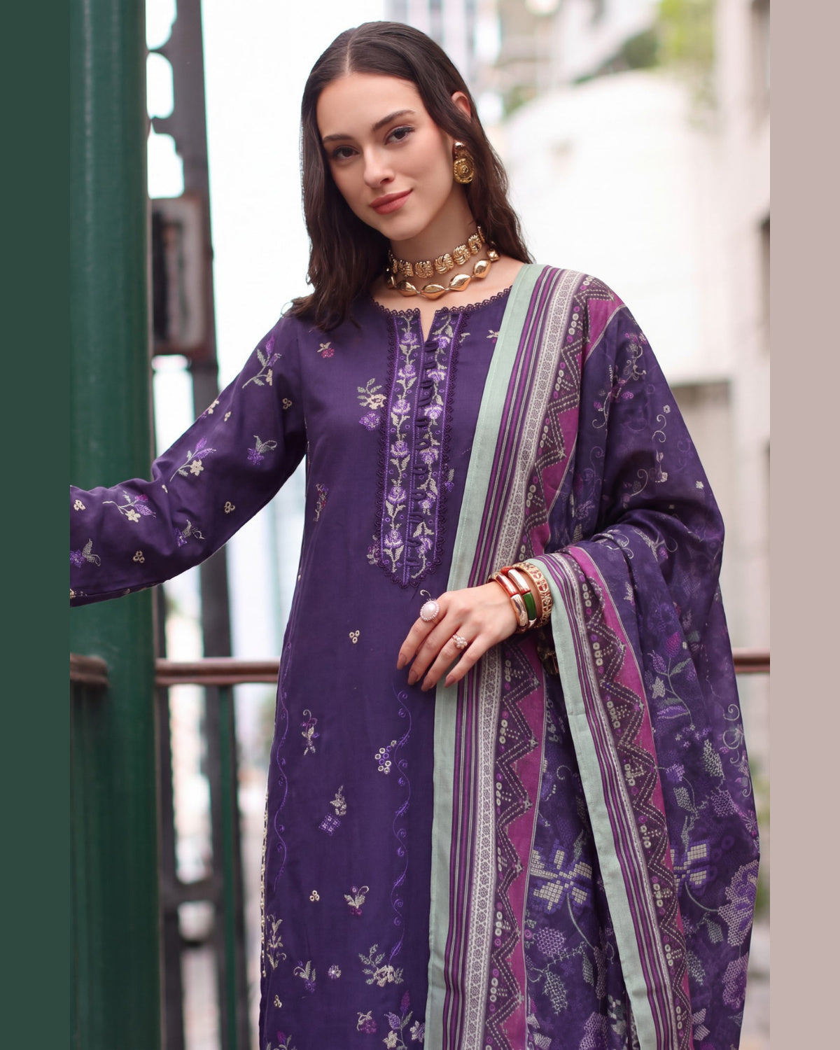 ELARA Premium Embroidered Karandi 3 Piece Suit with Pashmina Shawl