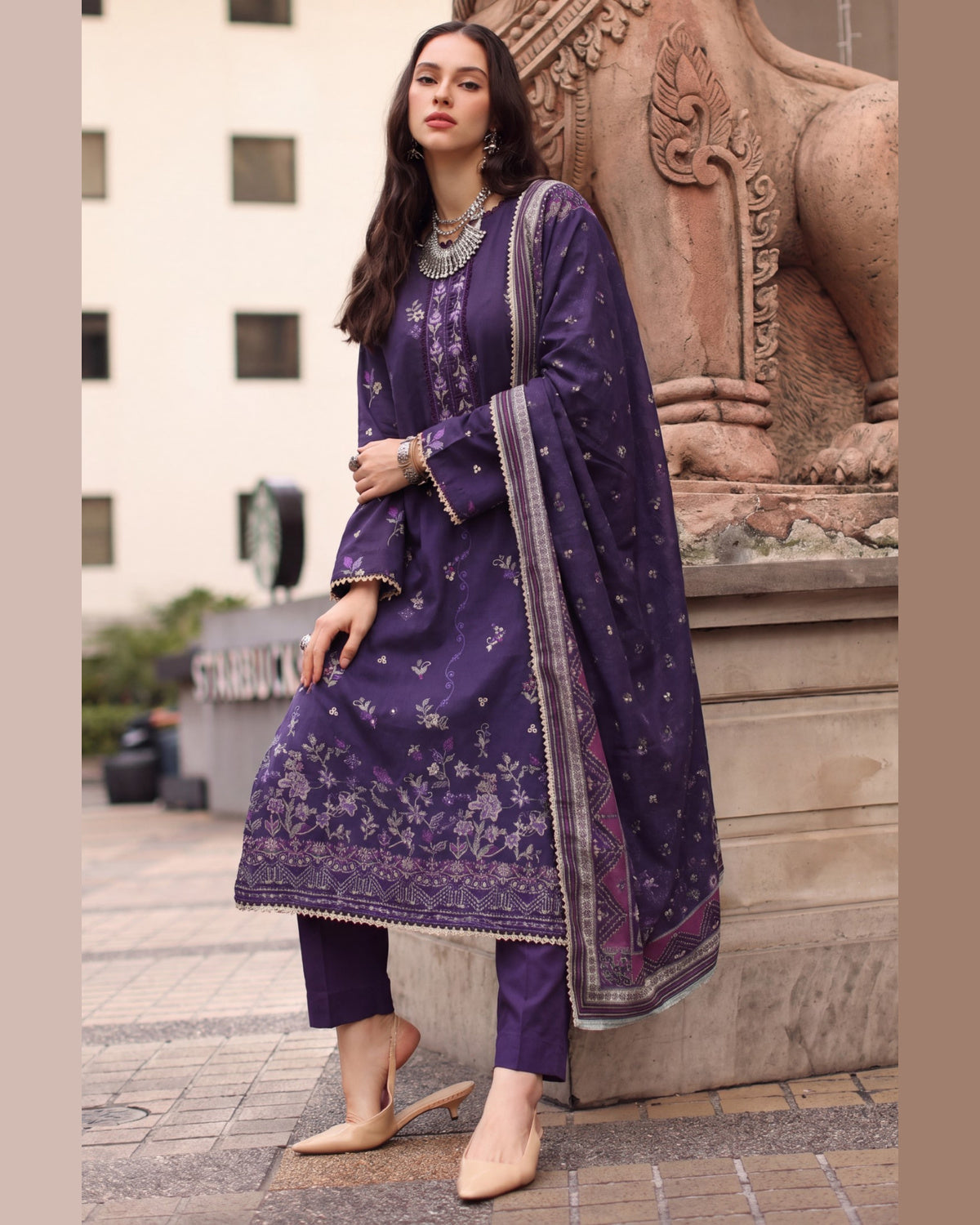 ELARA Premium Embroidered Karandi 3 Piece Suit with Pashmina Shawl