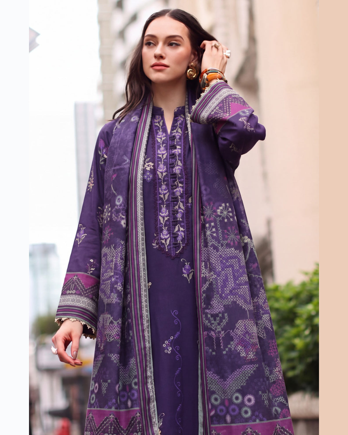 ELARA Premium Embroidered Karandi 3 Piece Suit with Pashmina Shawl