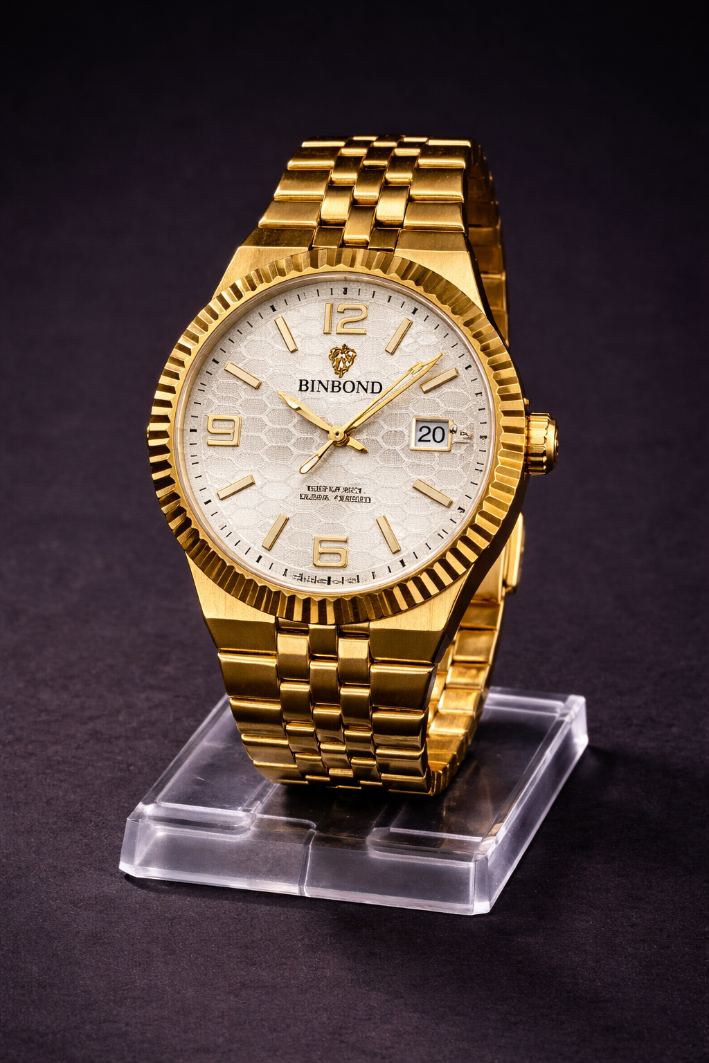 Binbond B8181 Two-Tone Watch – Gold Fluted Bezel & Textured Dial