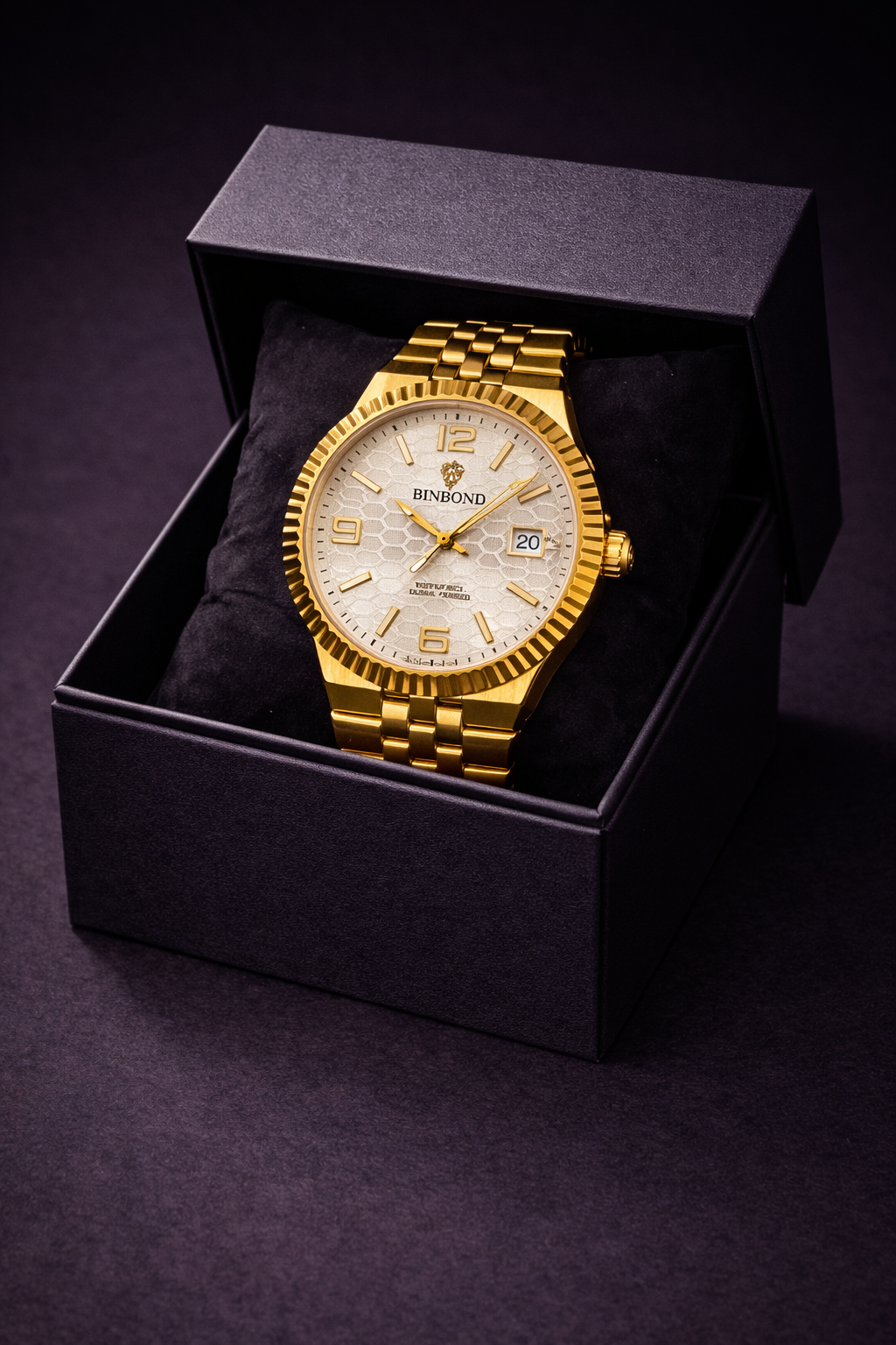 Binbond B8181 Two-Tone Watch – Gold Fluted Bezel & Textured Dial