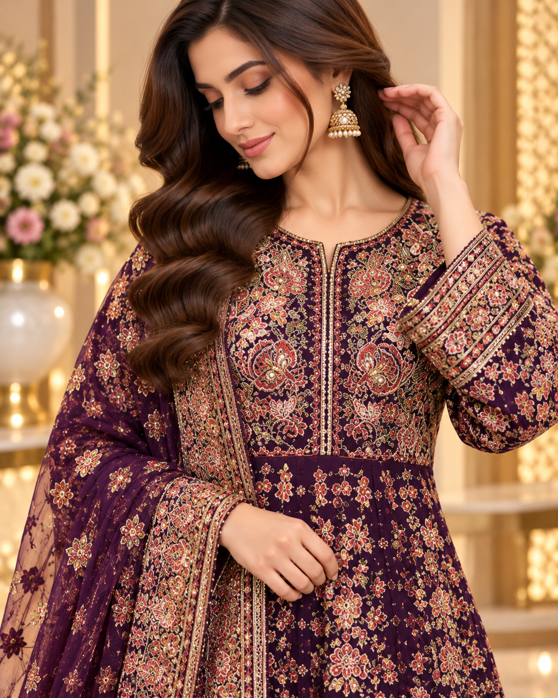 Maroon Embroidered Anarkali Long Frock for Women – Luxury Pakistani Formal & Wedding Wear