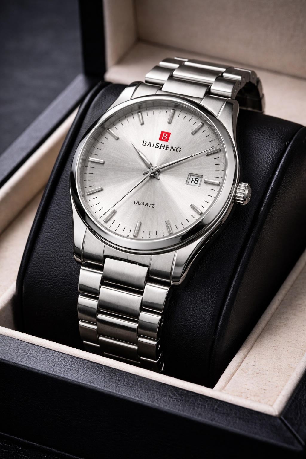 Baisheng Men’s Quartz Analog Watch – Silver Dial Stainless Steel Chain