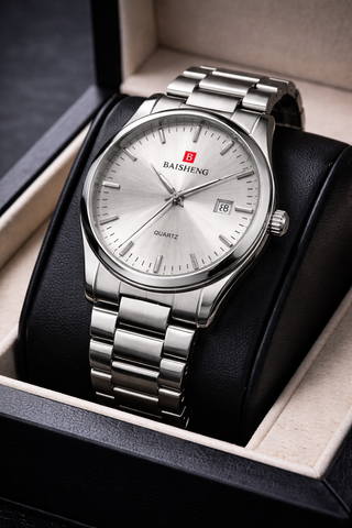 Baisheng Men’s Quartz Analog Watch – Silver Dial Stainless Steel Chain
