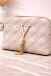 Luxury Off-White Quilted Crossbody Handbag with Gold V Emblem