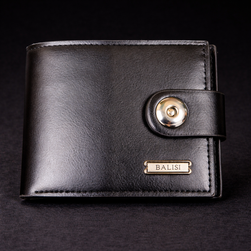 BALISI Men’s Black Bifold Wallet – Monogram-Style PU Leather Card Holder with Snap Button Closure & Silver Logo Plate