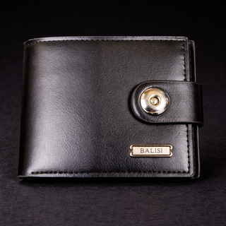 BALISI Men’s Black Bifold Wallet – Monogram-Style PU Leather Card Holder with Snap Button Closure & Silver Logo Plate