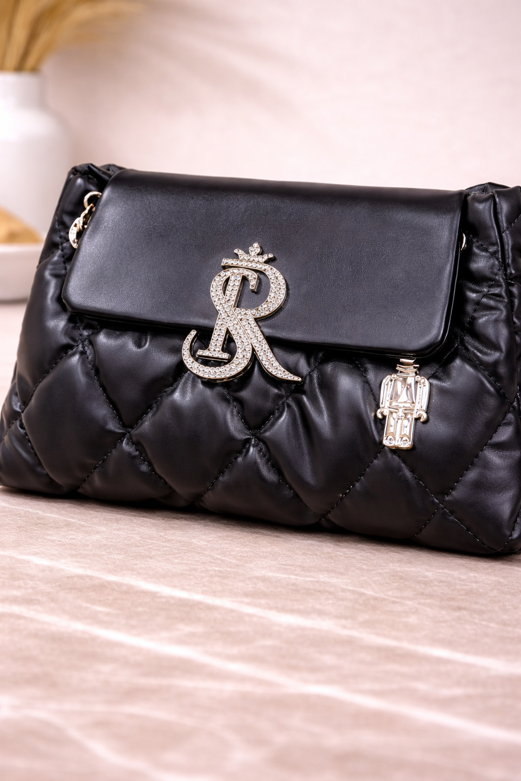 SR Puffy Diamond Quilted Faux Leather Handbag – Black Crystal Monogram Bag with Robot Charm