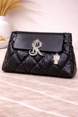 SR Puffy Diamond Quilted Faux Leather Handbag – Black Crystal Monogram Bag with Robot Charm