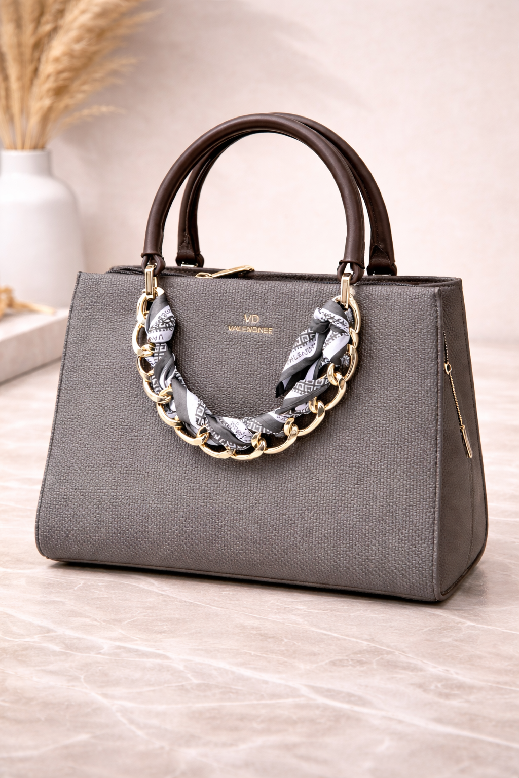 Valendnee Luxury Structured Textured Brown Tote Bag