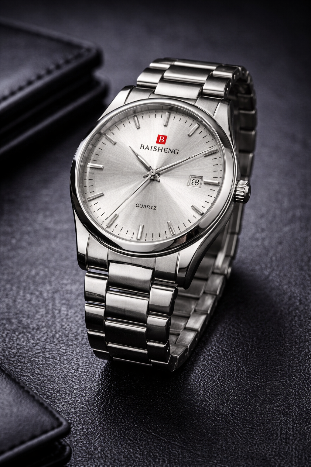 Baisheng Men’s Quartz Analog Watch – Silver Dial Stainless Steel Chain