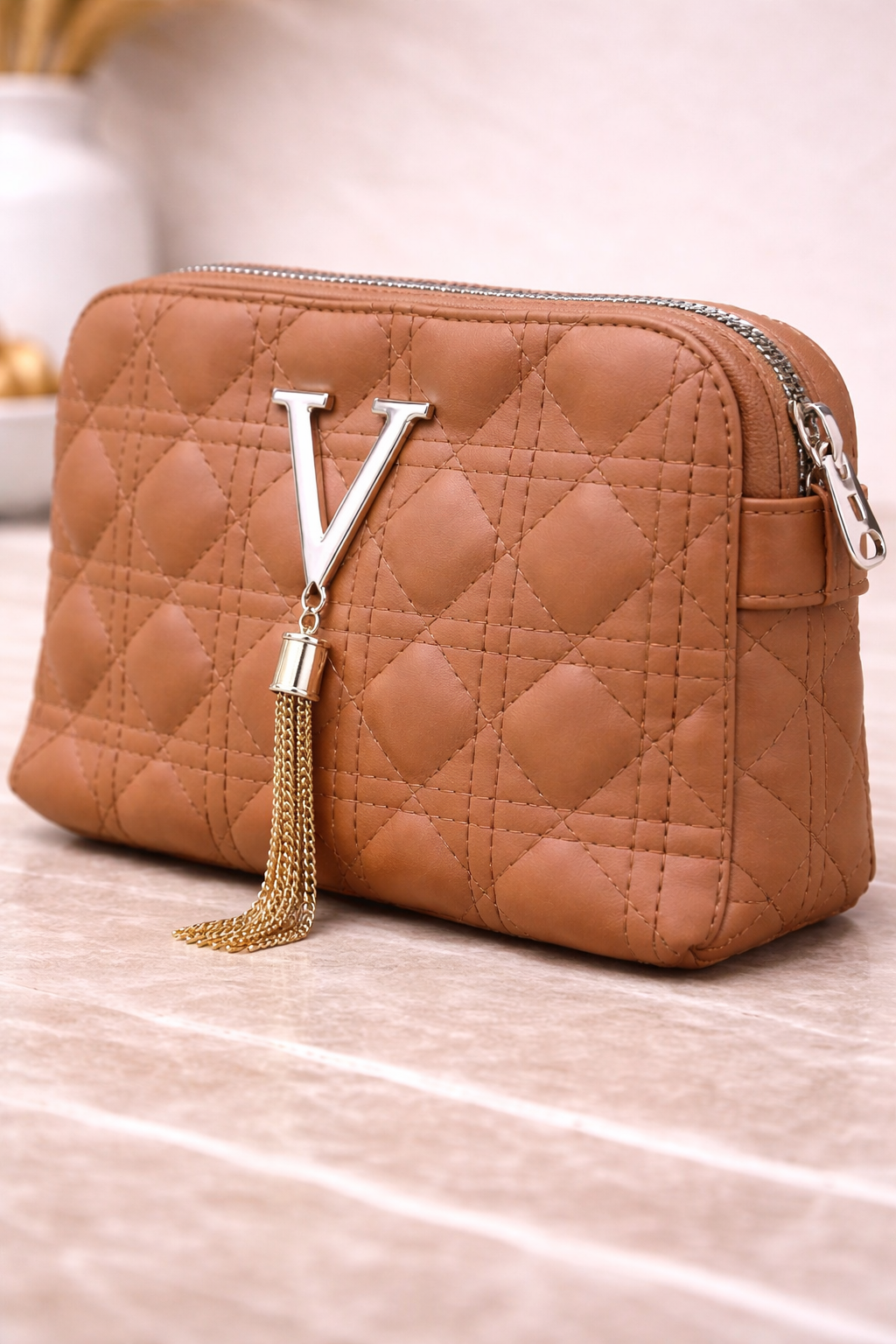 Luxury  Quilted Crossbody Handbag with Gold V Emblem