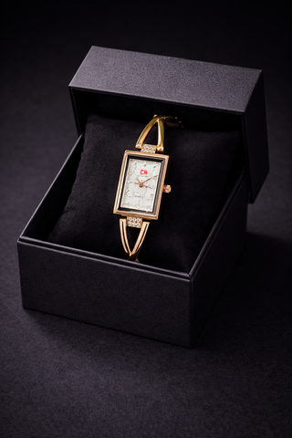 Gold Tone Women’s Square Dial Bracelet Watch – X-Design Open Cuff Luxury Watch