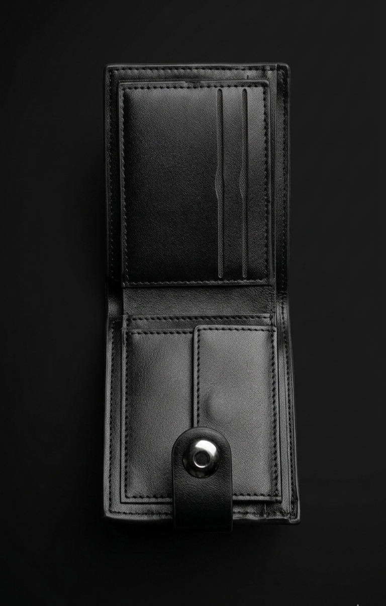 BALISI Men’s Black Bifold Wallet – Monogram-Style PU Leather Card Holder with Snap Button Closure & Silver Logo Plate