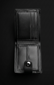 BALISI Men’s Black Bifold Wallet – Monogram-Style PU Leather Card Holder with Snap Button Closure & Silver Logo Plate
