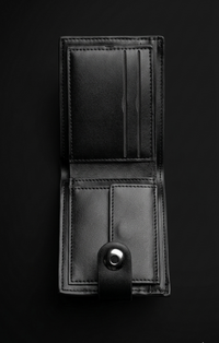 BALISI Men’s Black Bifold Wallet – Monogram-Style PU Leather Card Holder with Snap Button Closure & Silver Logo Plate