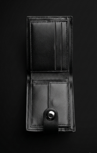 BALISI Men’s Black Bifold Wallet – Monogram-Style PU Leather Card Holder with Snap Button Closure & Silver Logo Plate