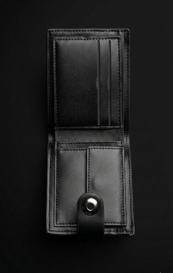 BALISI Men’s Black Bifold Wallet – Monogram-Style PU Leather Card Holder with Snap Button Closure & Silver Logo Plate