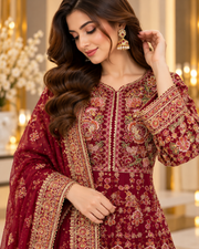 Maroon Embroidered Anarkali Long Frock for Women – Luxury Pakistani Formal & Wedding Wear