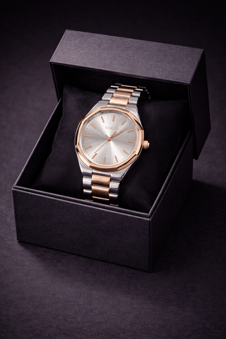 GUCCI G-Timeless Two Tone Rose Gold & Silver Stainless Steel Bracelet Watch – Octagonal Bezel Luxury Watch