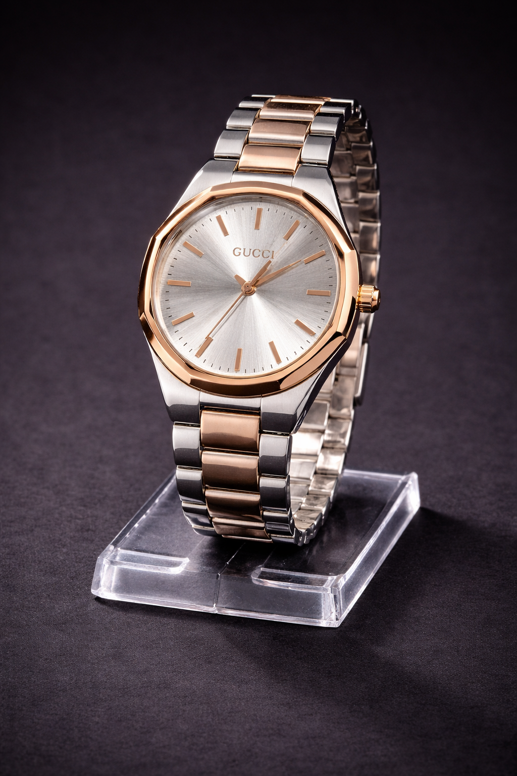 GUCCI G-Timeless Two Tone Rose Gold & Silver Stainless Steel Bracelet Watch – Octagonal Bezel Luxury Watch