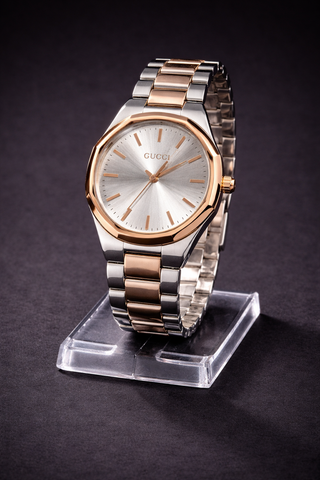 GUCCI G-Timeless Two Tone Rose Gold & Silver Stainless Steel Bracelet Watch – Octagonal Bezel Luxury Watch