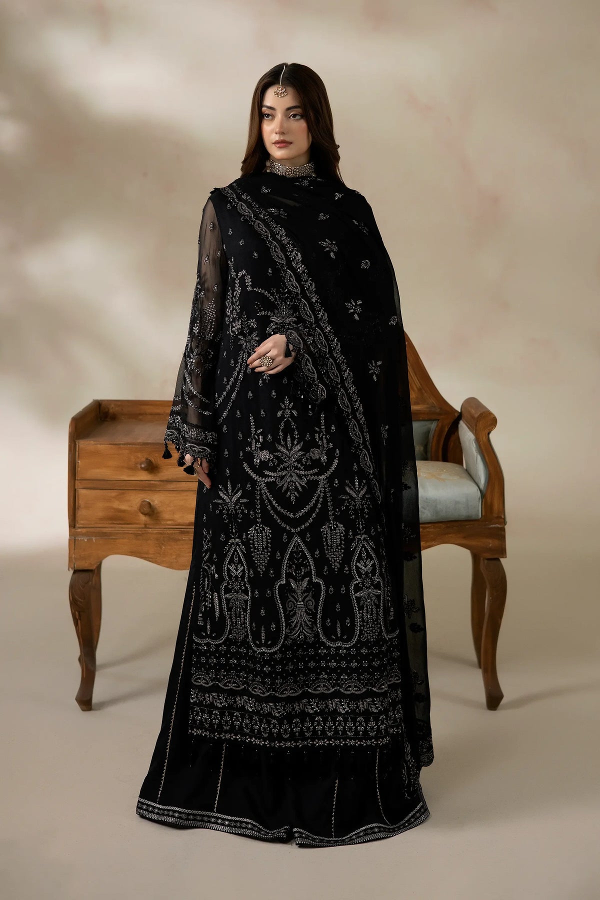 Black Embroidered Chiffon Formal Suit with Raw Silk Trouser
