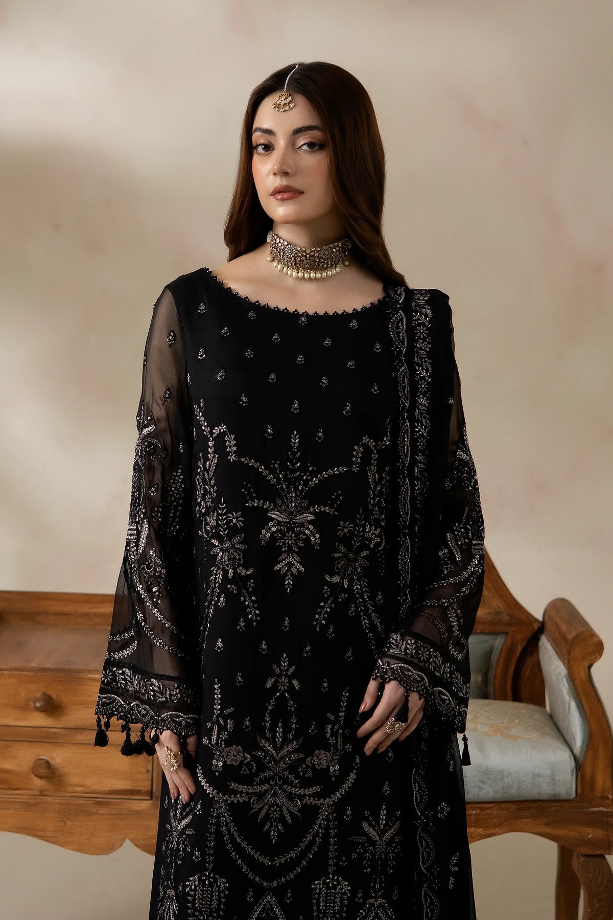 Black Embroidered Chiffon Formal Suit with Raw Silk Trouser