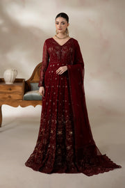 Maroon Embroidered Chiffon Formal Suit with Raw Silk Trouser