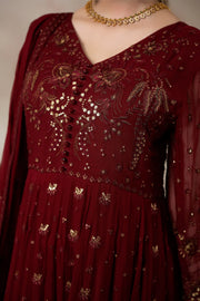 Maroon Embroidered Chiffon Formal Suit with Raw Silk Trouser