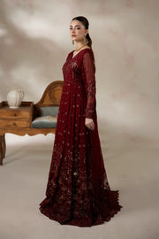 Maroon Embroidered Chiffon Formal Suit with Raw Silk Trouser