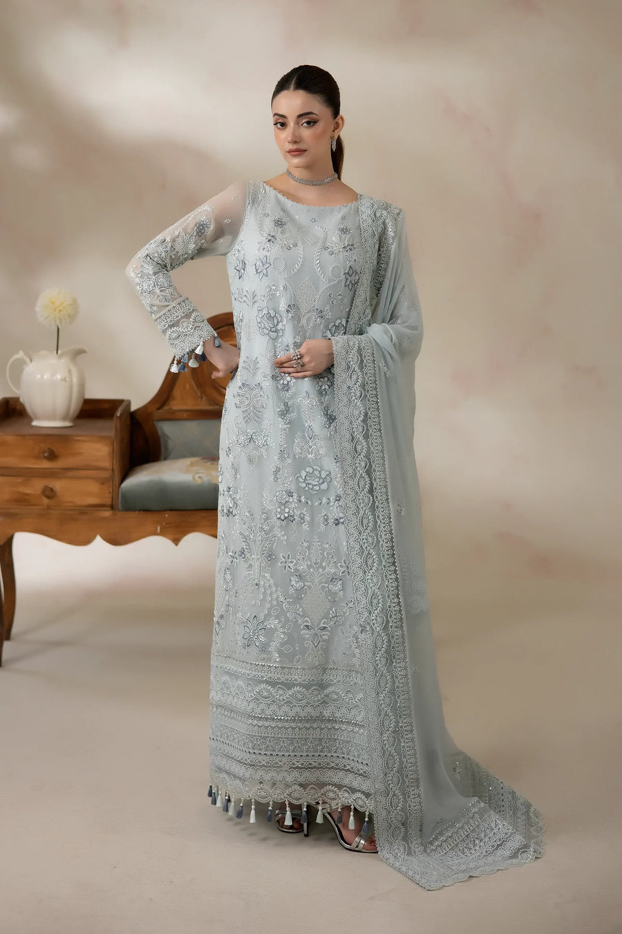 Powder Blue Embroidered Chiffon Formal Suit with Raw Silk Trouser