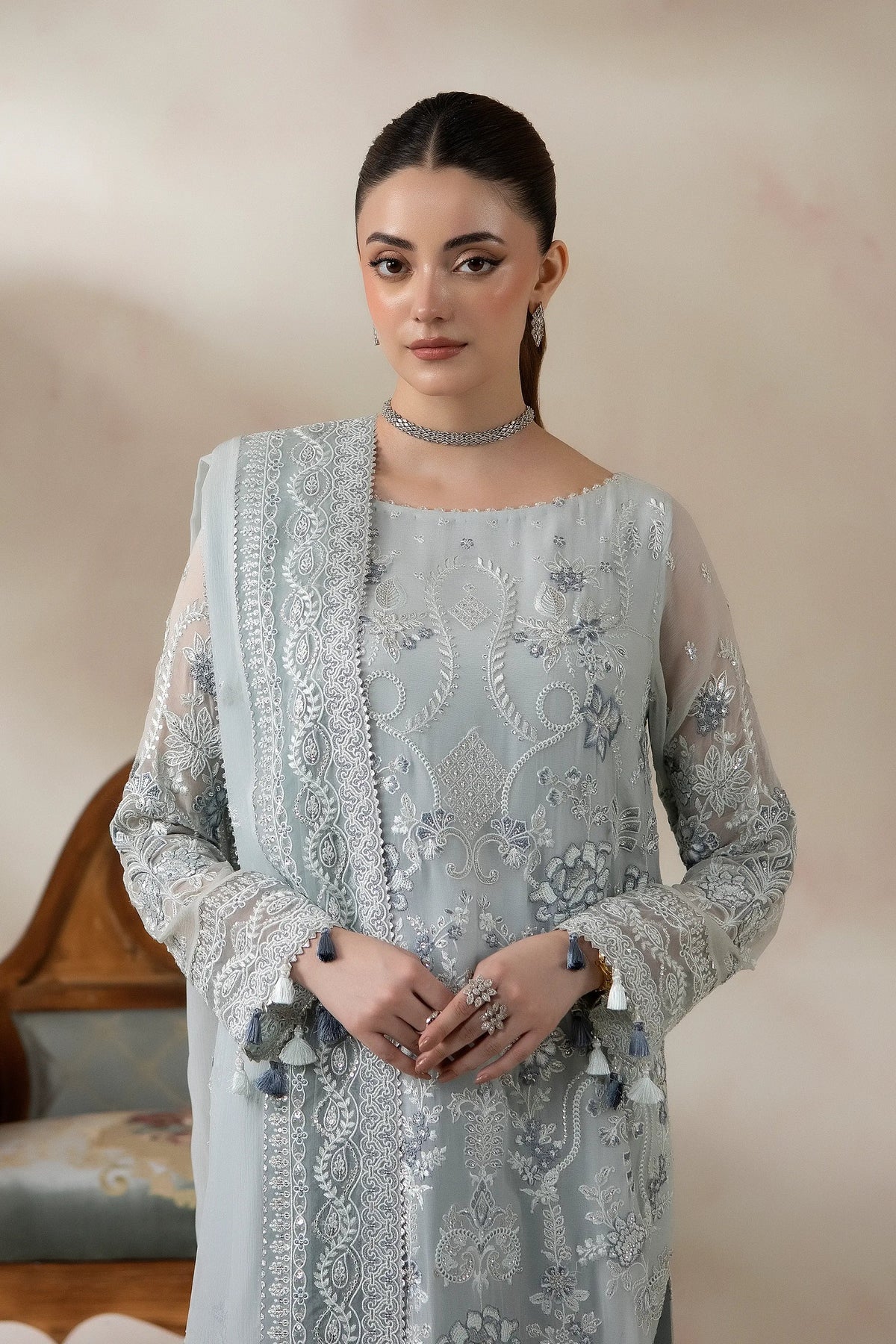 Powder Blue Embroidered Chiffon Formal Suit with Raw Silk Trouser