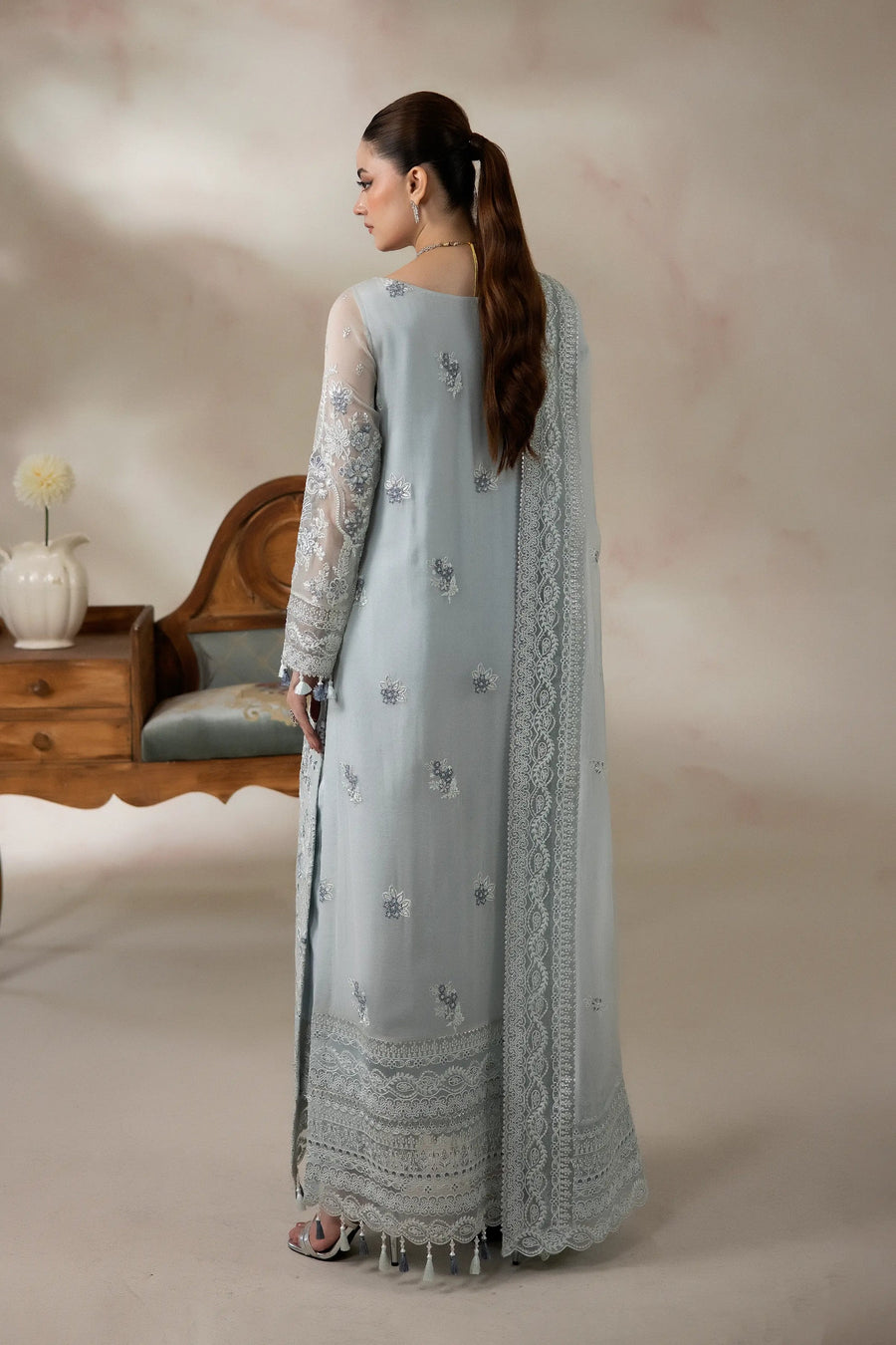 Powder Blue Embroidered Chiffon Formal Suit with Raw Silk Trouser