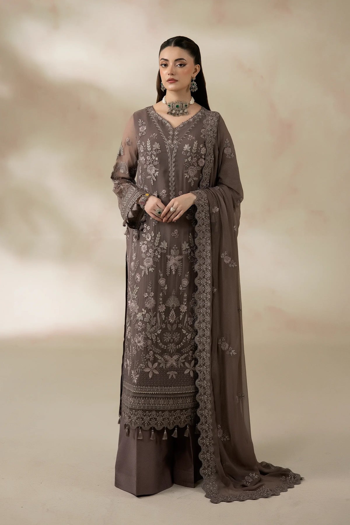 Muted Olive Embroidered Chiffon Formal Suit with Raw Silk Trouser
