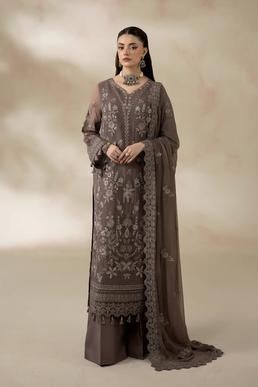 Muted Olive Embroidered Chiffon Formal Suit with Raw Silk Trouser