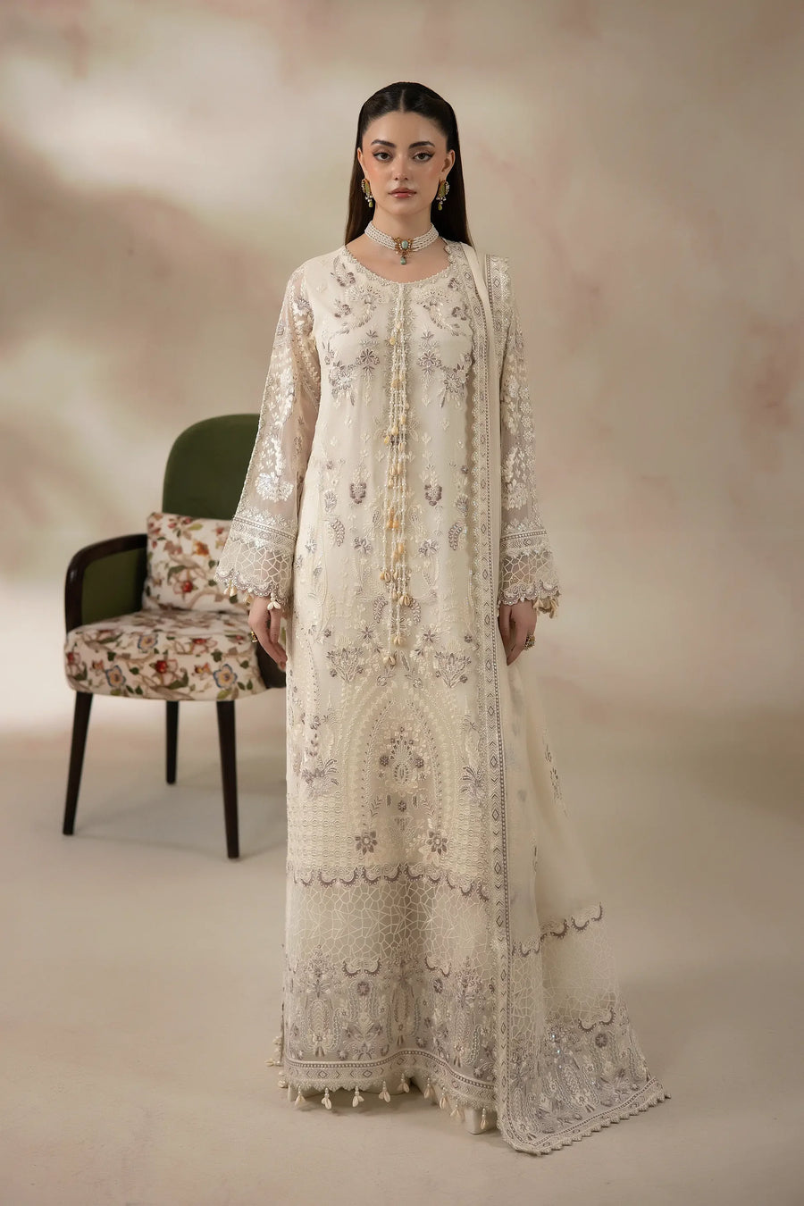 Pearl White Embroidered Chiffon Formal Suit with Raw Silk Trouser