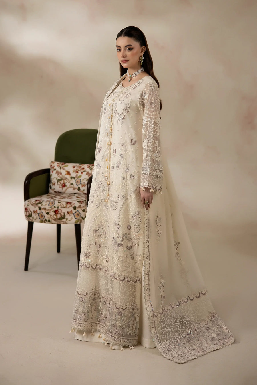 Pearl White Embroidered Chiffon Formal Suit with Raw Silk Trouser