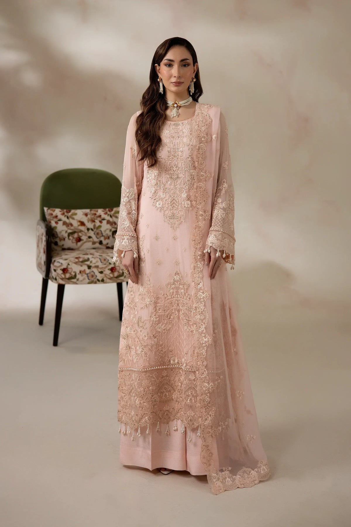 Peach Pink Embroidered Chiffon Formal Suit with Raw Silk Trouser