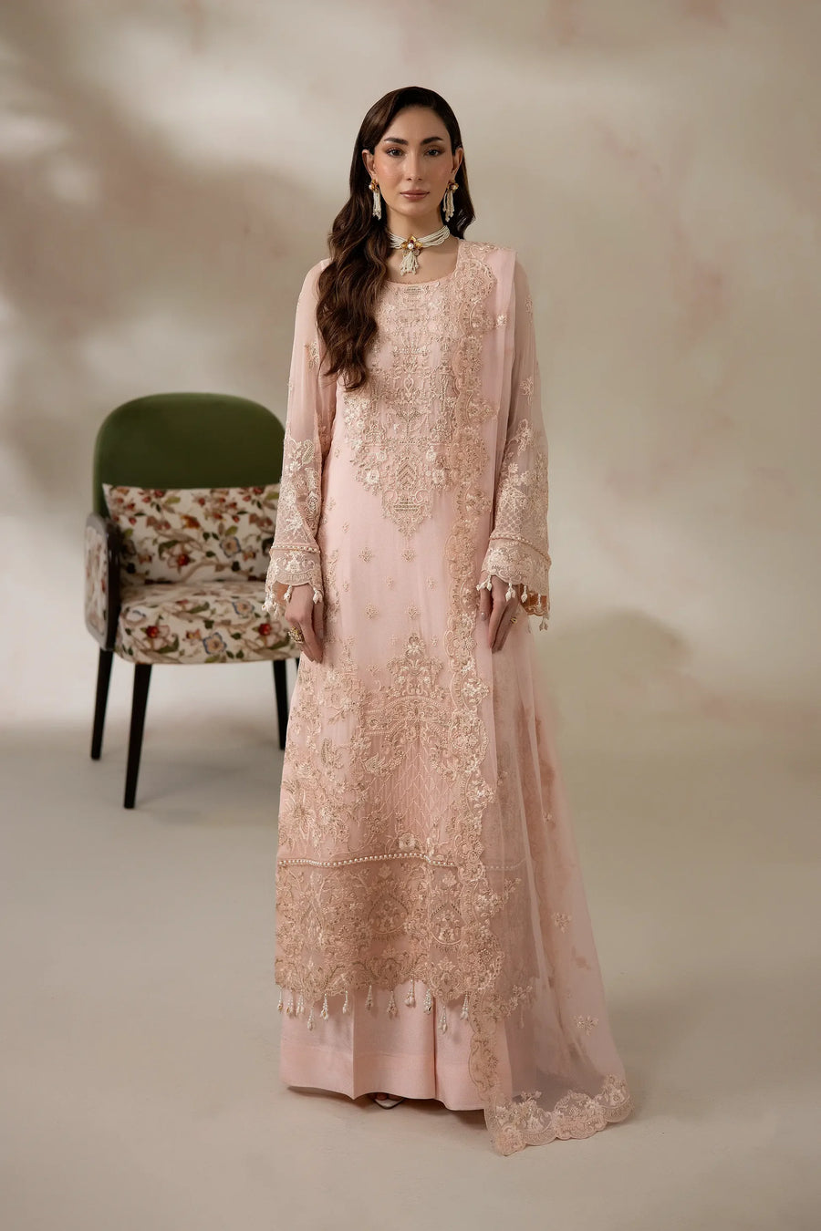 Peach Pink Embroidered Chiffon Formal Suit with Raw Silk Trouser