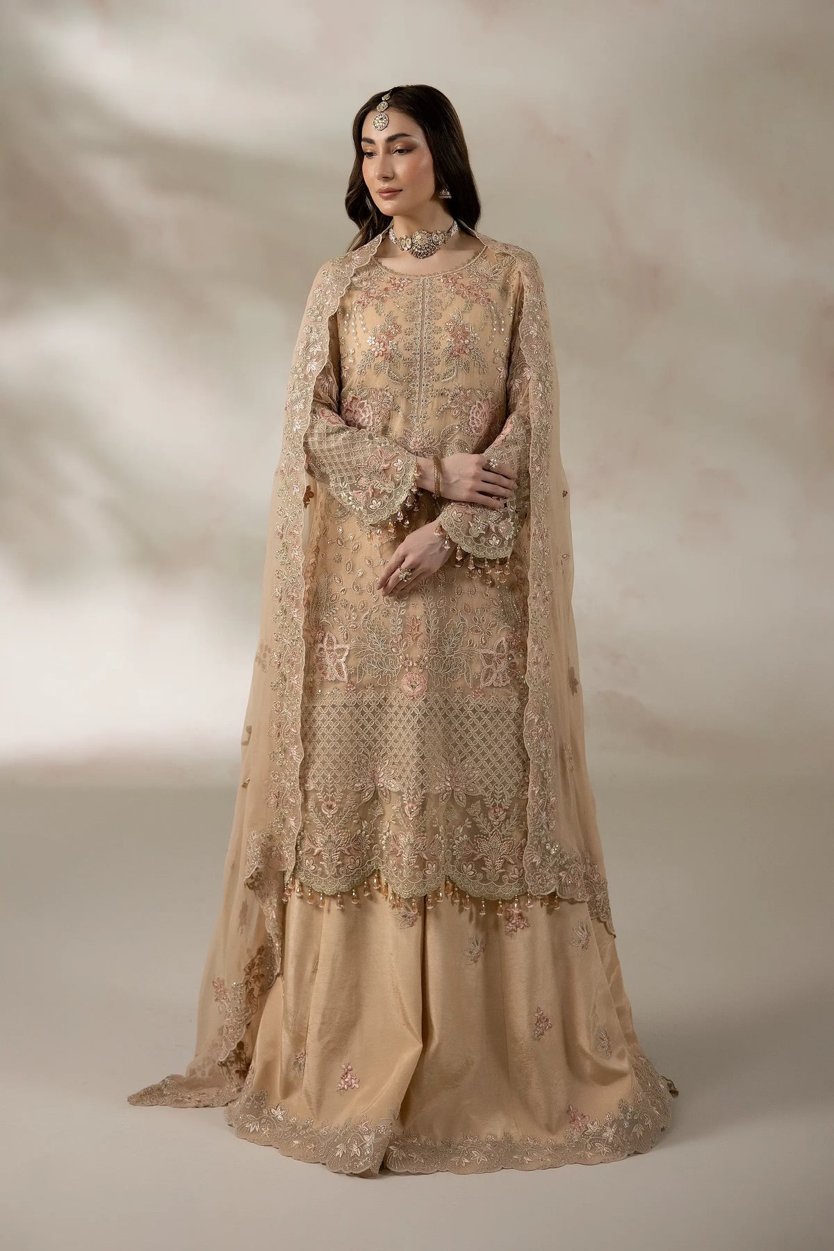 Skin Peach Embroidered Chiffon Formal Suit with Raw Silk Trouser