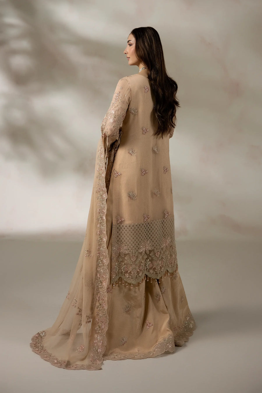 Skin Peach Embroidered Chiffon Formal Suit with Raw Silk Trouser